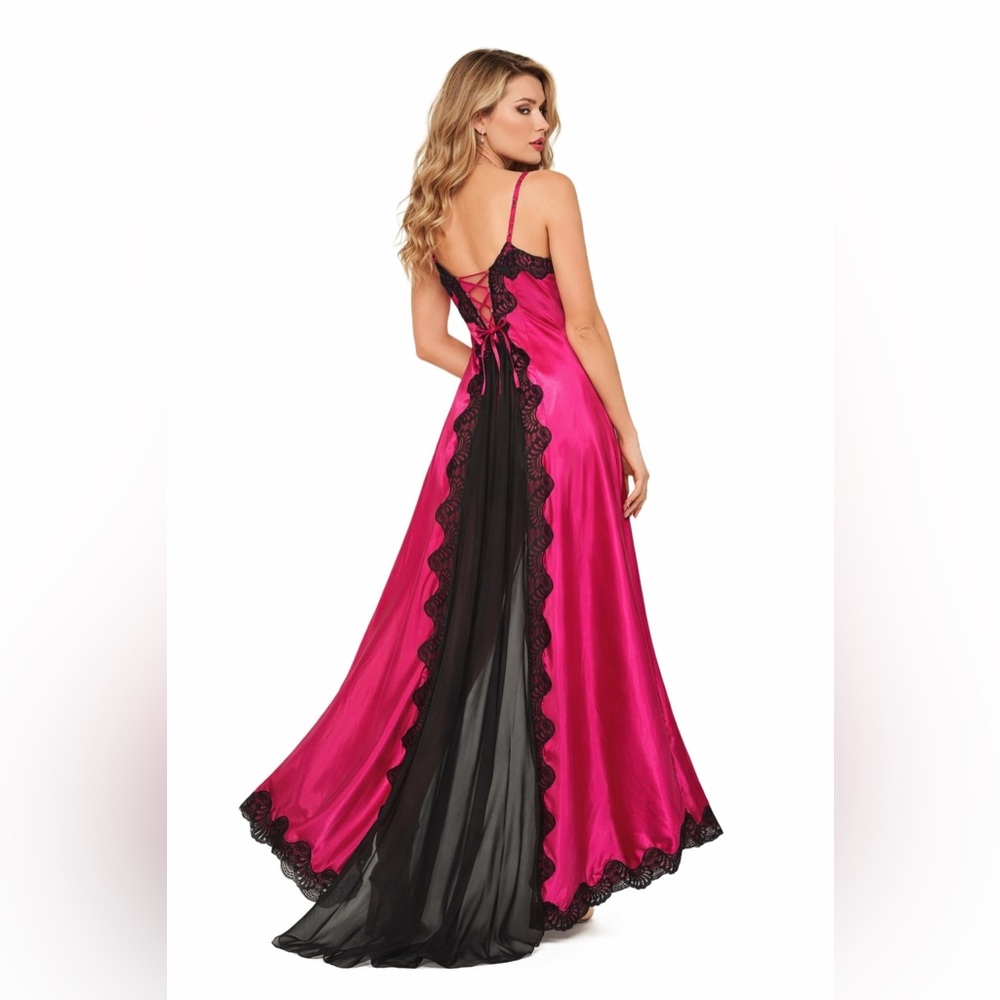 Romantic Fuchsia Satin Black Lace Bias Cut Slip Dress Sheer Train Y2K Baddie